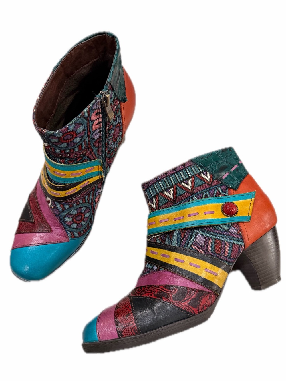 Socofy EU 42 US 11 Women’s Leather Artsy Vibrant Patchwork Ankle Booties Retro